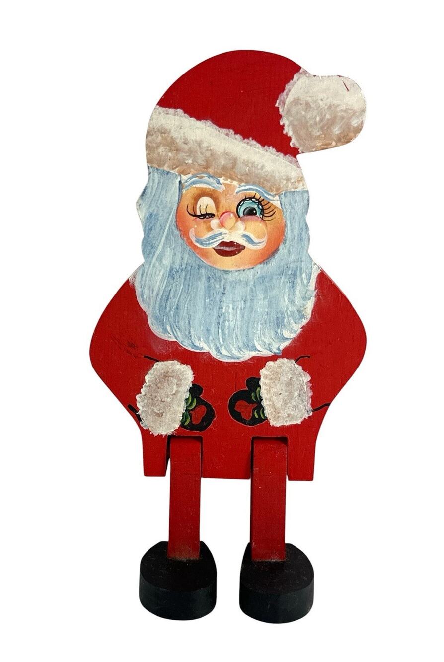 Vintage Hand Painted Wood Santa Mrs Claus? Winking Christmas Folk Art Figurine